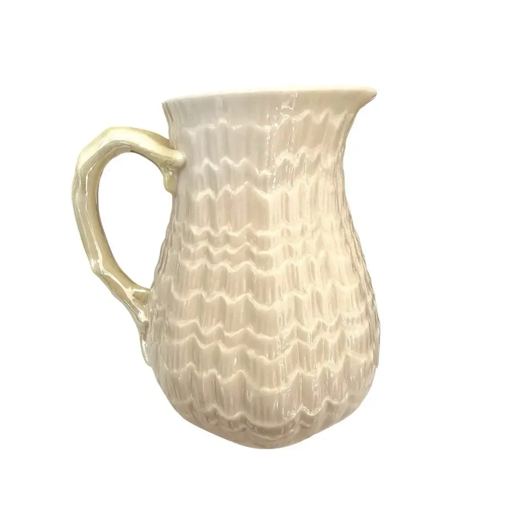 Belleek Ireland Tridacna Yellow Handle 18 Oz Milk Jug Pitcher 5th Green Mark EUC